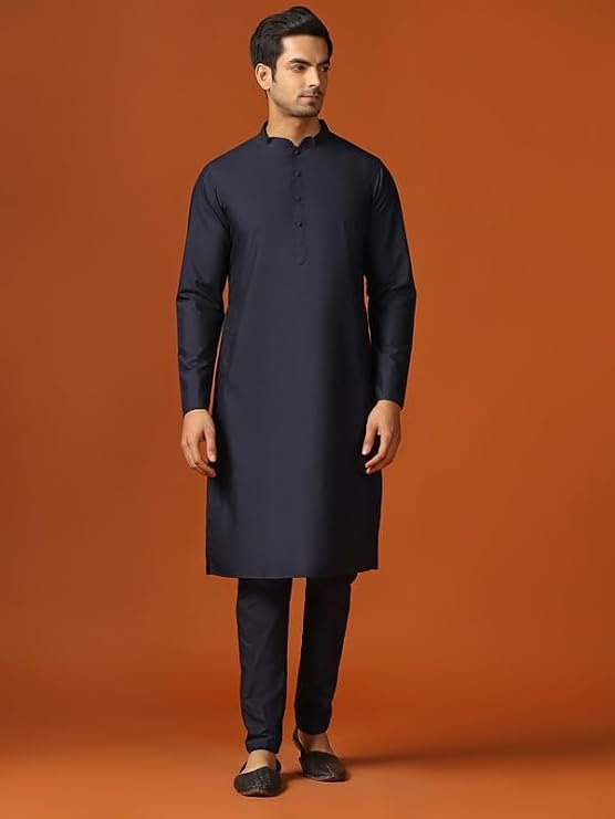 KISAH Men's Kurta Jacket Trouser Set, Blue Jacquard, Ethnic Motif Regular Fit Mandarin Collar Long Sleeves - Image 2