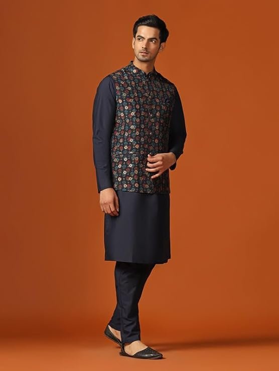 KISAH Men's Kurta Jacket Trouser Set, Blue Jacquard, Ethnic Motif Regular Fit Mandarin Collar Long Sleeves - Image 4