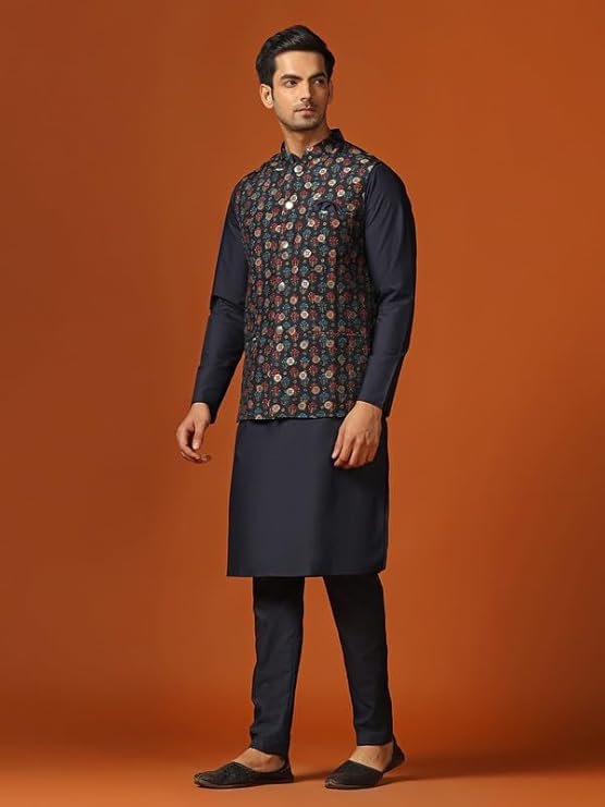 KISAH Men's Kurta Jacket Trouser Set, Blue Jacquard, Ethnic Motif Regular Fit Mandarin Collar Long Sleeves - Image 3