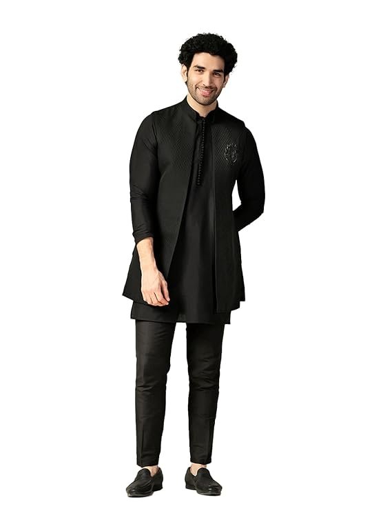 KISAH Men's Kurta Jacket Trouser Set, Blue Jacquard, Ethnic Motif Regular Fit Mandarin Collar Long Sleeves - Image 8