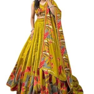 Women's Trending Designeer Tussar Silk Lehenga Choli Print with Foil Work With Unstitched Blouse Patola Print Adorned with Foil Work For Navrati || Wedding