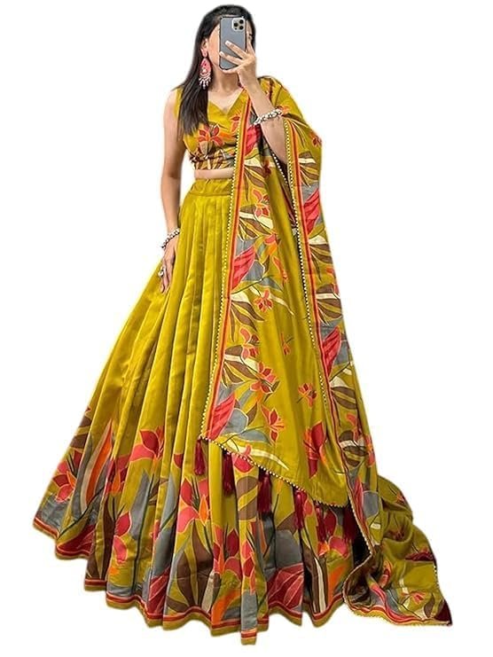 Women's Trending Designeer Tussar Silk Lehenga Choli Print with Foil Work With Unstitched Blouse Patola Print Adorned with Foil Work For Navrati || Wedding