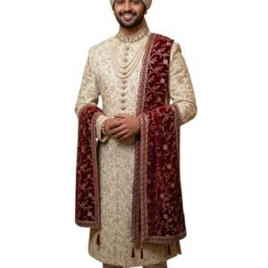 Men's Maroon Velvet Embroidered Sherwani Dupatta with Golden Zari Work, Traditional Wedding Stole