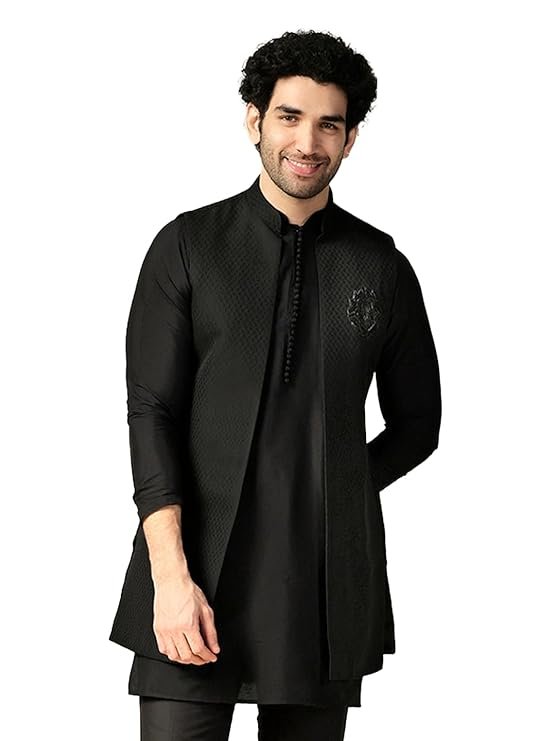 KISAH Men's Kurta Jacket Trouser Set, Blue Jacquard, Ethnic Motif Regular Fit Mandarin Collar Long Sleeves - Image 7