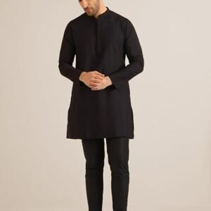 KISAH Men's Kurta Jacket Trouser Set, Blue Jacquard, Ethnic Motif Regular Fit Mandarin Collar Long Sleeves
