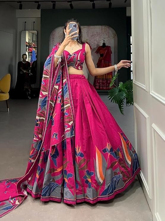 Women Tussar Silk Lehenga Choli Set | Patola Print with Foil Work | Unstitched Blouse | Designer Ethnic Wear Semi Stitched Wedding Special Foil Work Lehenga Choli For Any Occasion - Image 4