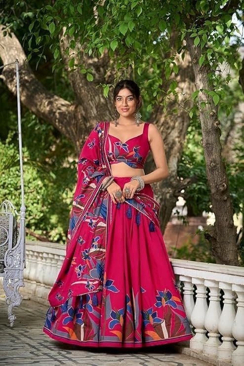 Women Tussar Silk Lehenga Choli Set | Patola Print with Foil Work | Unstitched Blouse | Designer Ethnic Wear Semi Stitched Wedding Special Foil Work Lehenga Choli For Any Occasion - Image 5
