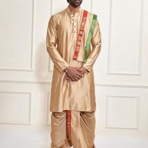 VASTRAMAY Men Viscose Kurta Dhoti Dupatta Set | Mandarin Collar Full Sleeve Kurta with Gold Border Dhoti & Matching South Indian Style Dupatta