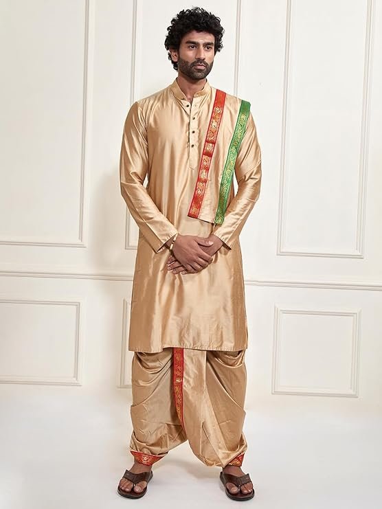 VASTRAMAY Men Viscose Kurta Dhoti Dupatta Set | Mandarin Collar Full Sleeve Kurta with Gold Border Dhoti & Matching South Indian Style Dupatta