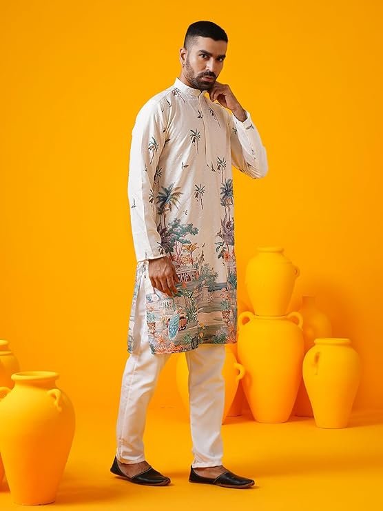 Men's Cotton Krochet Daman Print Cream Kurta with White Pyjama - Image 5