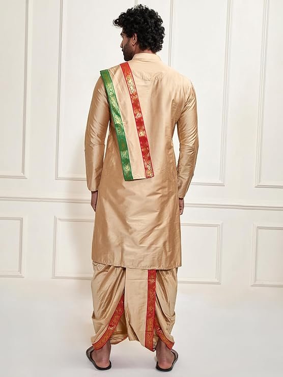 VASTRAMAY Men Viscose Kurta Dhoti Dupatta Set | Mandarin Collar Full Sleeve Kurta with Gold Border Dhoti & Matching South Indian Style Dupatta - Image 3