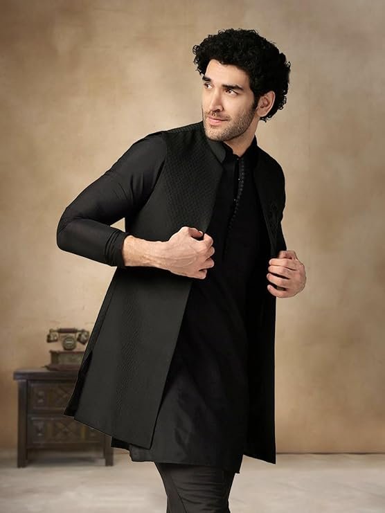 KISAH Men's Kurta Jacket Trouser Set, Blue Jacquard, Ethnic Motif Regular Fit Mandarin Collar Long Sleeves - Image 6