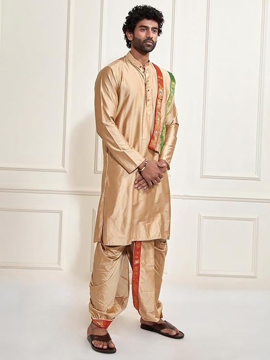 VASTRAMAY Men Viscose Kurta Dhoti Dupatta Set | Mandarin Collar Full Sleeve Kurta with Gold Border Dhoti & Matching South Indian Style Dupatta - Image 4