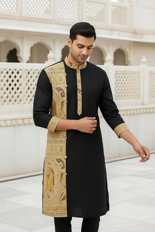 Men’s Madhubani Printed Khadi Silk Kurta | Premium Ethnic Wear for Weddings & Festivals | Traditional Art Design | Comfortable & Stylish Outfit - Image 6