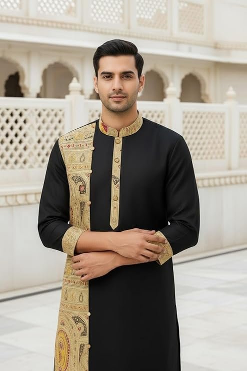 Men’s Madhubani Printed Khadi Silk Kurta | Premium Ethnic Wear for Weddings & Festivals | Traditional Art Design | Comfortable & Stylish Outfit - Image 3