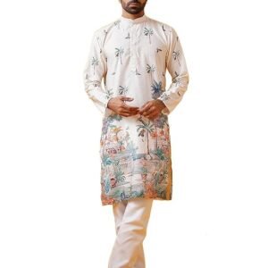 Men's Cotton Krochet Daman Print Cream Kurta with White Pyjama