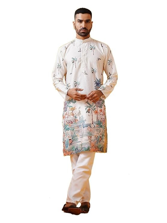 Men's Cotton Krochet Daman Print Cream Kurta with White Pyjama