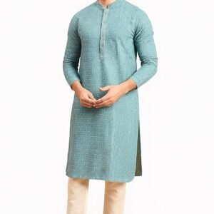 Tavasya Men Rayon Geometric Embroidered Mandarin Collar Straight Kurta