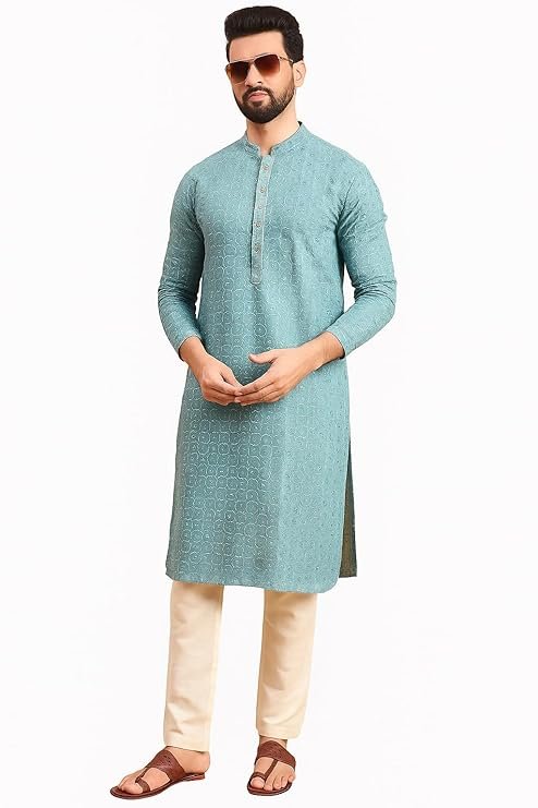 Tavasya Men Rayon Geometric Embroidered Mandarin Collar Straight Kurta