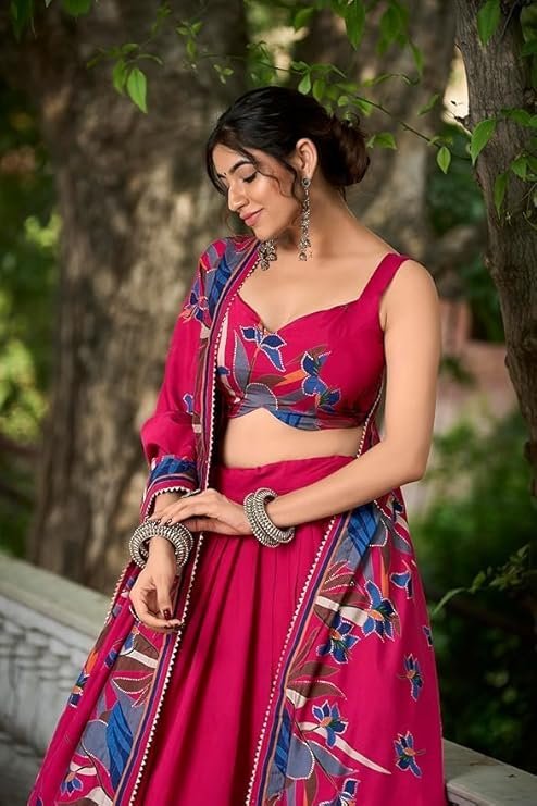 Women Tussar Silk Lehenga Choli Set | Patola Print with Foil Work | Unstitched Blouse | Designer Ethnic Wear Semi Stitched Wedding Special Foil Work Lehenga Choli For Any Occasion - Image 3