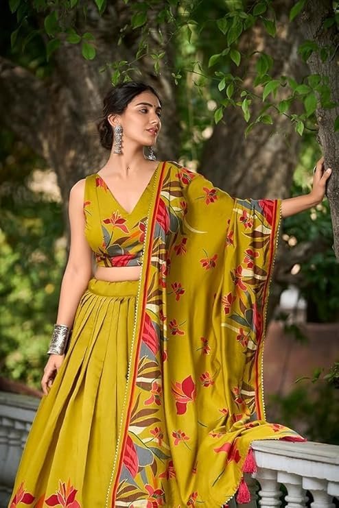 Women's Trending Designeer Tussar Silk Lehenga Choli Print with Foil Work With Unstitched Blouse Patola Print Adorned with Foil Work For Navrati || Wedding - Image 5