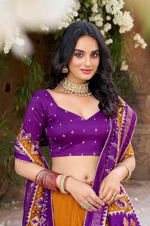 Women's Trending Designeer Tussar Silk Lehenga Choli Print with Foil Work With Unstitched Blouse Patola Print Adorned with Foil Work For Navrati || Wedding - Image 4