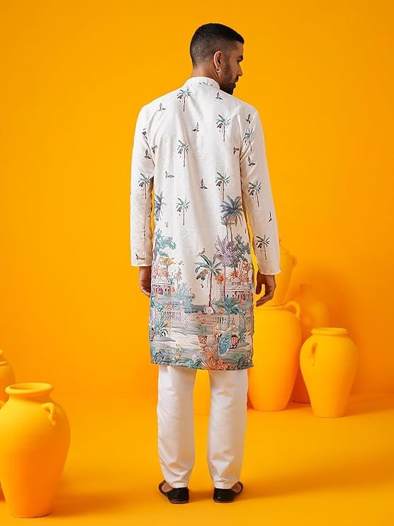 Men's Cotton Krochet Daman Print Cream Kurta with White Pyjama - Image 4
