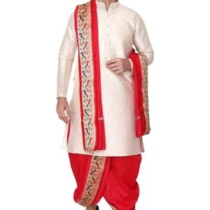 Rameshwaram Fabrics Men’s Sherwani Style Dhoti Kurta Set with Angavastram | Traditional Indian Groom Dress | Ethnic Kurta Set for Wedding, Engagement, Festival