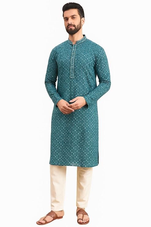 Tavasya Men Rayon Geometric Embroidered Mandarin Collar Straight Kurta - Image 2