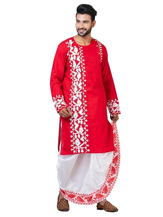 Men’s Cotton Kurta & Silk Dhoti Set | South Indian Traditional Ethnic Wear | Wedding, Puja & Festival Outfit | Full Sleeve Round Neck - Image 4