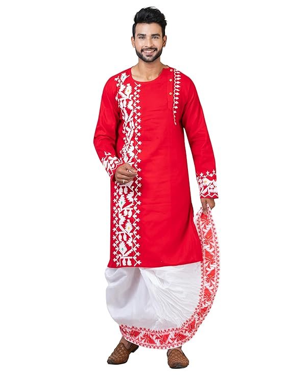 Men’s Cotton Kurta & Silk Dhoti Set | South Indian Traditional Ethnic Wear | Wedding, Puja & Festival Outfit | Full Sleeve Round Neck - Image 6