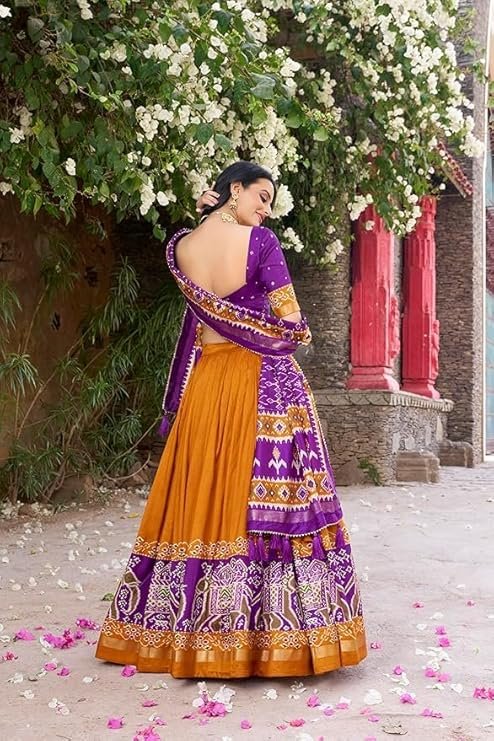 Women's Trending Designeer Tussar Silk Lehenga Choli Print with Foil Work With Unstitched Blouse Patola Print Adorned with Foil Work For Navrati || Wedding - Image 2