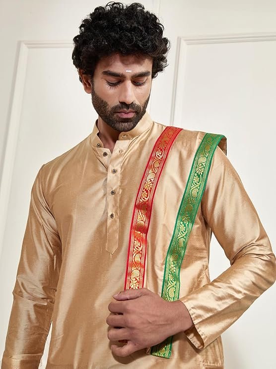 VASTRAMAY Men Viscose Kurta Dhoti Dupatta Set | Mandarin Collar Full Sleeve Kurta with Gold Border Dhoti & Matching South Indian Style Dupatta - Image 5