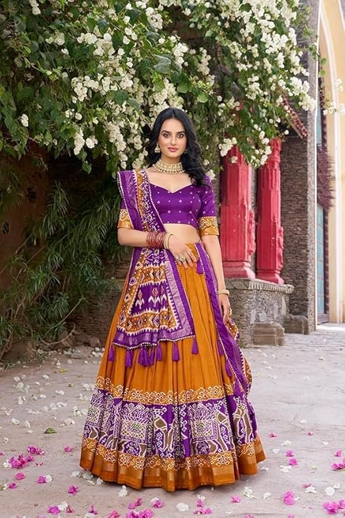 Women's Trending Designeer Tussar Silk Lehenga Choli Print with Foil Work With Unstitched Blouse Patola Print Adorned with Foil Work For Navrati || Wedding - Image 3