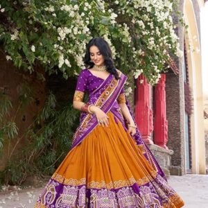Women's Trending Designeer Tussar Silk Lehenga Choli Print with Foil Work With Unstitched Blouse Patola Print Adorned with Foil Work For Navrati || Wedding