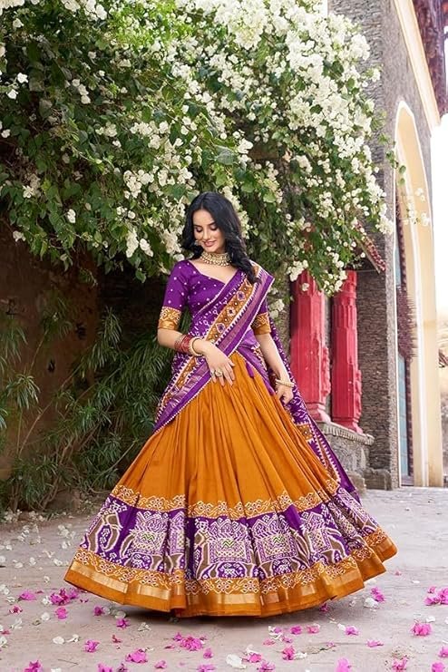 Women's Trending Designeer Tussar Silk Lehenga Choli Print with Foil Work With Unstitched Blouse Patola Print Adorned with Foil Work For Navrati || Wedding