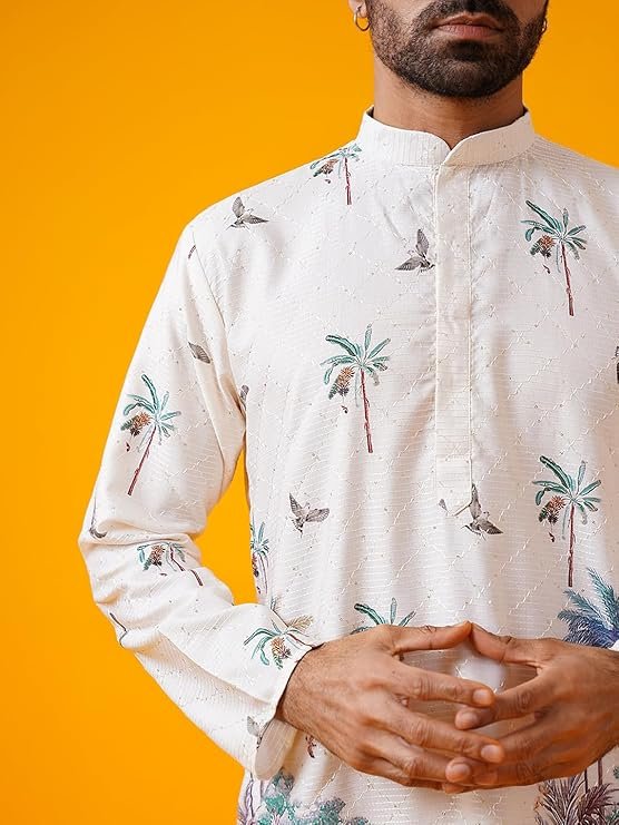 Men's Cotton Krochet Daman Print Cream Kurta with White Pyjama - Image 3