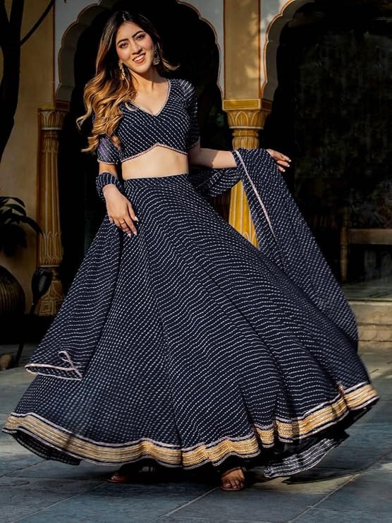 Zeel Clothing Women's Leheriya Print Pure Georgette New Semi Stitched Lehenga Choli With Dupatta (Latest-Stylish-Wedding-Designer-New) - Image 3