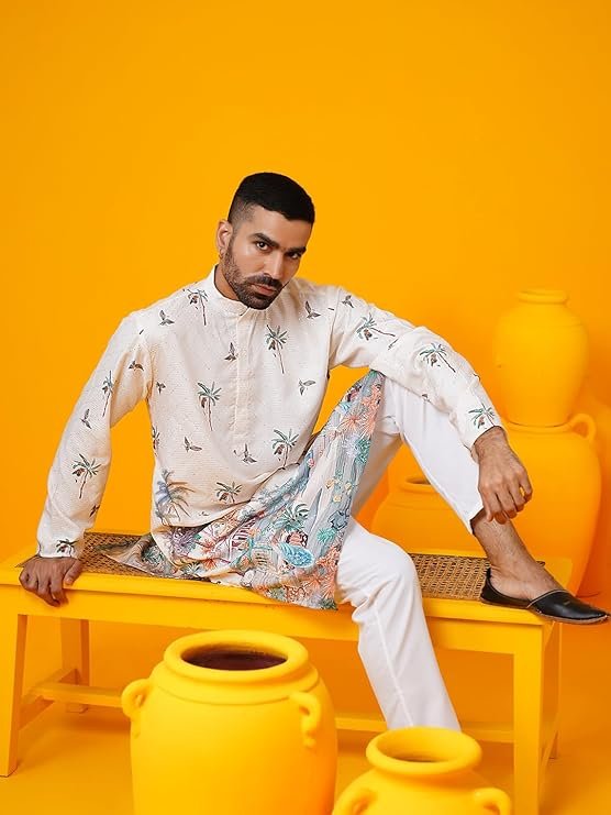Men's Cotton Krochet Daman Print Cream Kurta with White Pyjama - Image 6