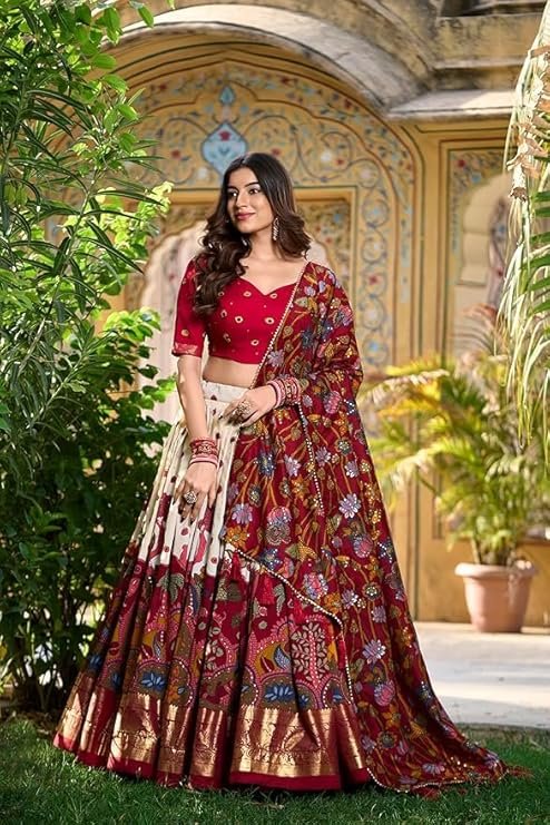 Women's Trending Designeer Tussar Silk Lehenga Choli Print with Foil Work With Unstitched Blouse Patola Print Adorned with Foil Work For Navrati || Wedding - Image 5
