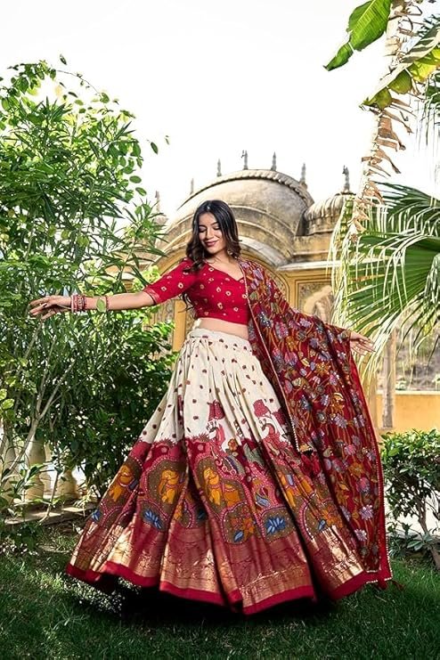 Women's Trending Designeer Tussar Silk Lehenga Choli Print with Foil Work With Unstitched Blouse Patola Print Adorned with Foil Work For Navrati || Wedding - Image 4