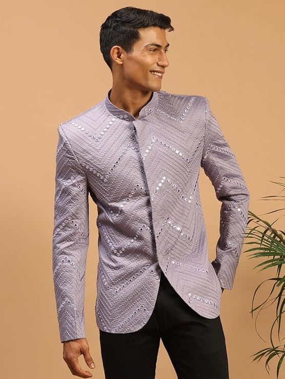 VASTRAMAY Men Mirror Work Jodhpuri Jacket | Viscose Slim Fit Ethnic Wear with Mandarin Collar | Wedding & Festive Indo Western Outfit