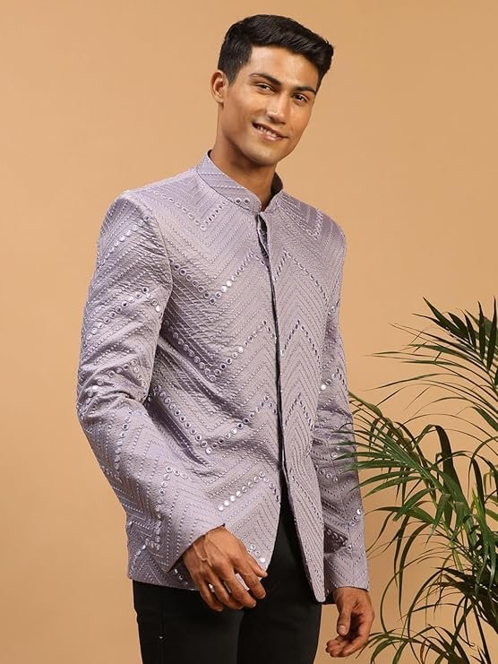 VASTRAMAY Men Mirror Work Jodhpuri Jacket | Viscose Slim Fit Ethnic Wear with Mandarin Collar | Wedding & Festive Indo Western Outfit - Image 3