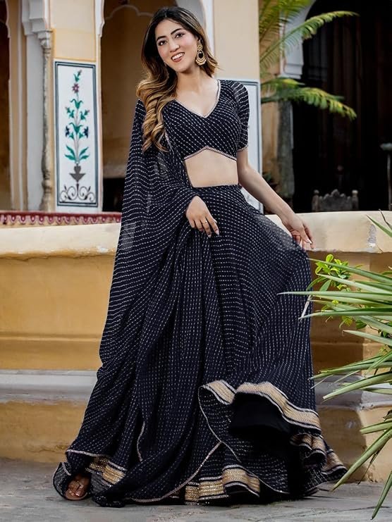 Zeel Clothing Women's Leheriya Print Pure Georgette New Semi Stitched Lehenga Choli With Dupatta (Latest-Stylish-Wedding-Designer-New) - Image 4