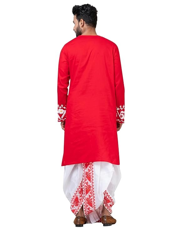 Men’s Cotton Kurta & Silk Dhoti Set | South Indian Traditional Ethnic Wear | Wedding, Puja & Festival Outfit | Full Sleeve Round Neck - Image 5