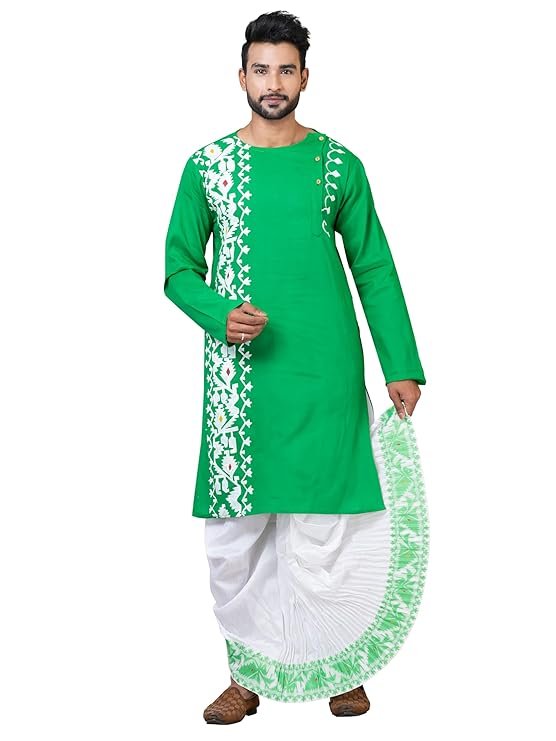 Men’s Cotton Kurta & Silk Dhoti Set | South Indian Traditional Ethnic Wear | Wedding, Puja & Festival Outfit | Full Sleeve Round Neck - Image 2