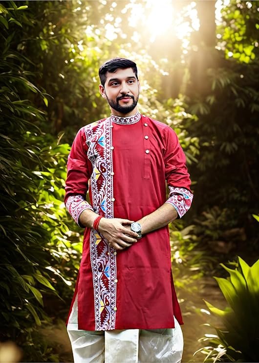 Pure Cotton Full Sleeves Kurta of Jamdani Craftsmanship, Perfect for Weddings, Parties, Poojas, Festivals etc. - Image 3
