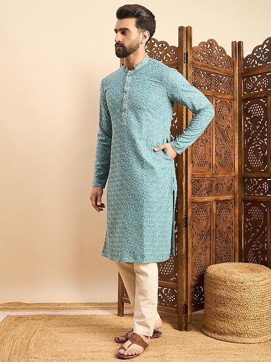 Tavasya Men Rayon Geometric Embroidered Mandarin Collar Straight Kurta - Image 6