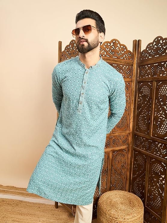 Tavasya Men Rayon Geometric Embroidered Mandarin Collar Straight Kurta - Image 5