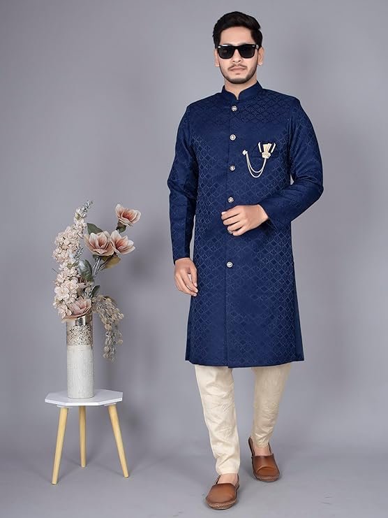 Mens Ethnic Wear Indo Western Kurta Pyjama Set - Image 3